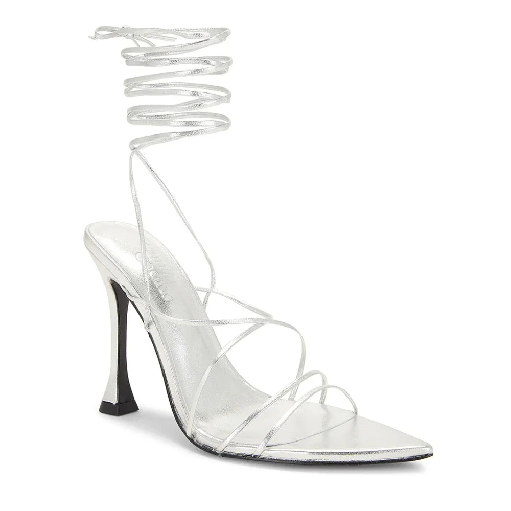 Camila Coelho Metallic Silver Wrap Sandal SIZE 9 Stiletto Heel Gladiator Party